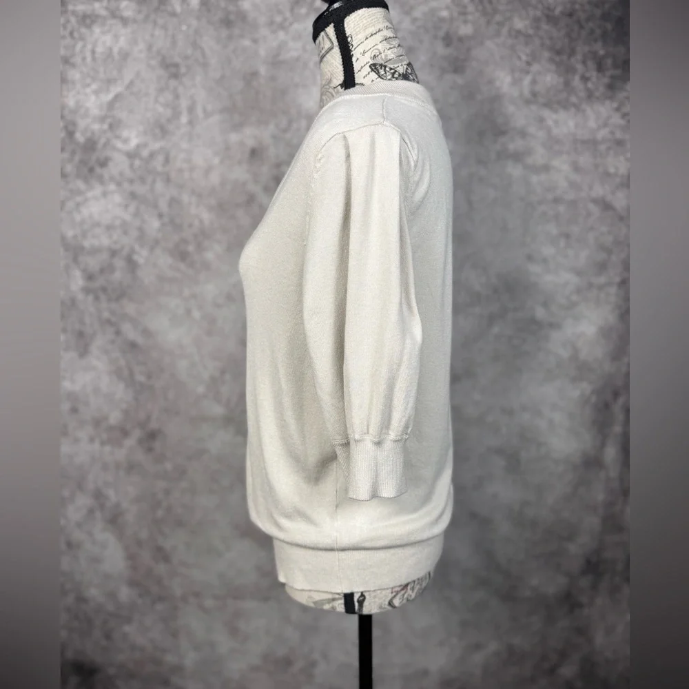 DKNY Cream V-Neck Dolman Sleeve Knit Top Soft Minimalist Luxe Blouse - Size M